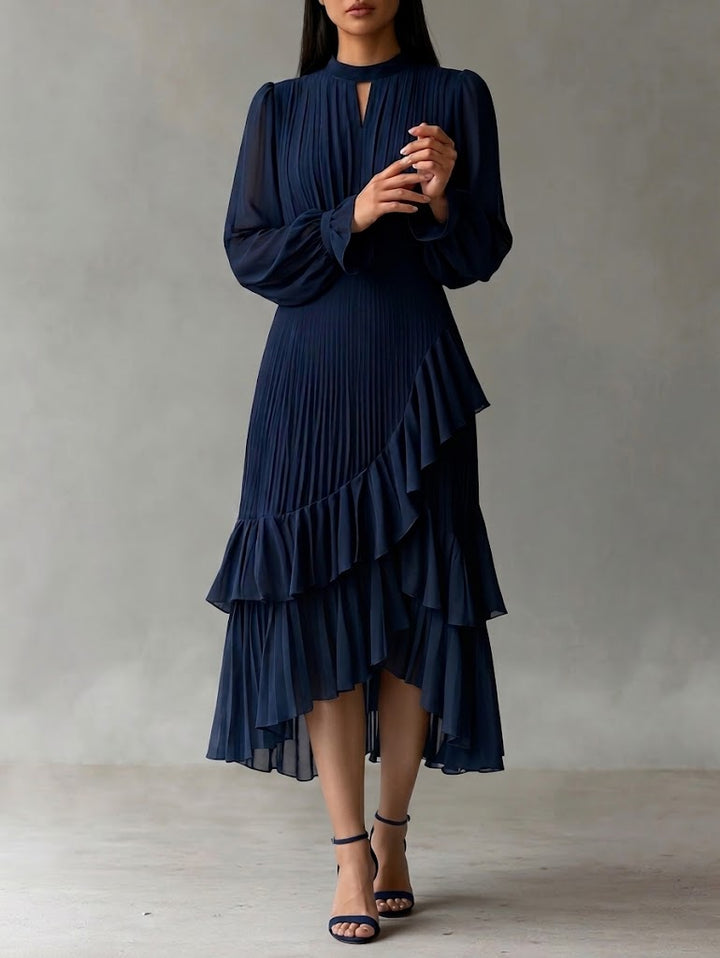 Elegante abito midi plissettato con volant
