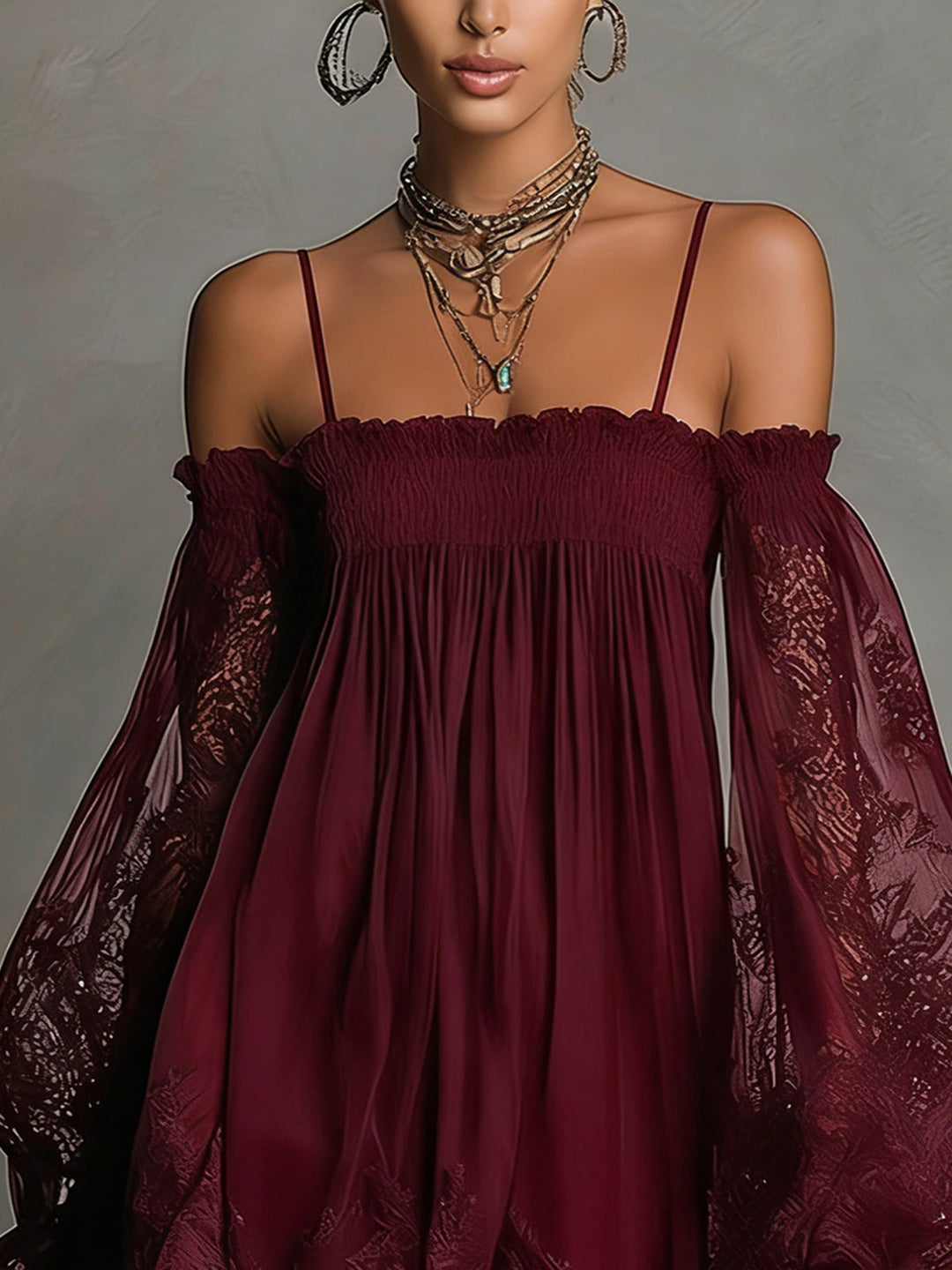 Noemi | Vestito mini in chiffon blu navy con scollo a spalle scoperte, bordo in pizzo e maniche trasparenti