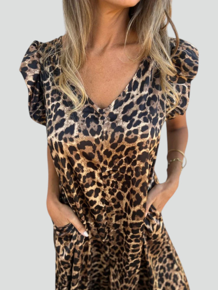 Abito Maxi con Scollo a V e Stampa Leopardata con Tasca Frontale