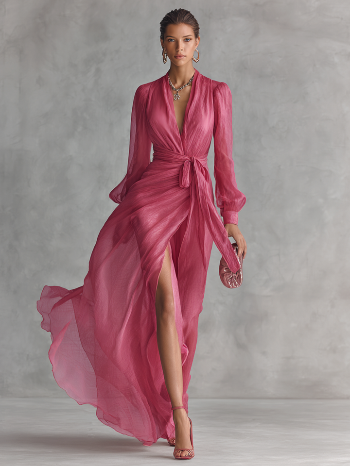 Abito lungo da donna elegante in chiffon rosa perla con scollo a V e cintura in vita