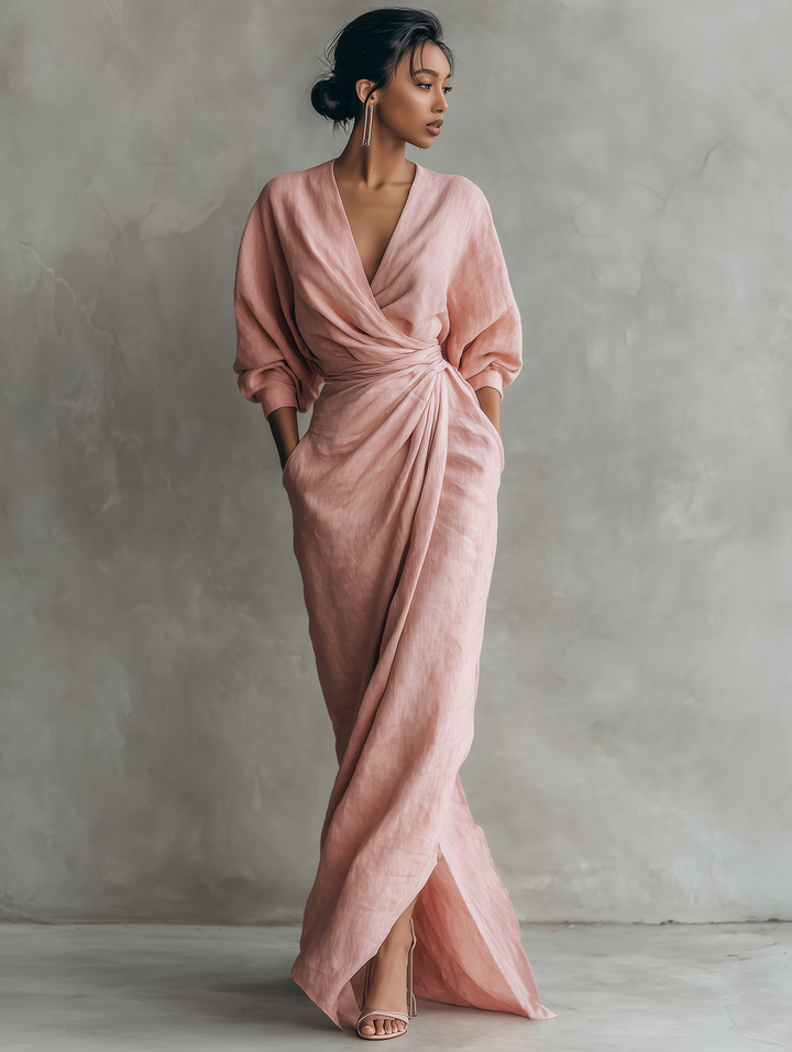 Abito lungo minimalista rosa con scollo a V in misto lino da donna