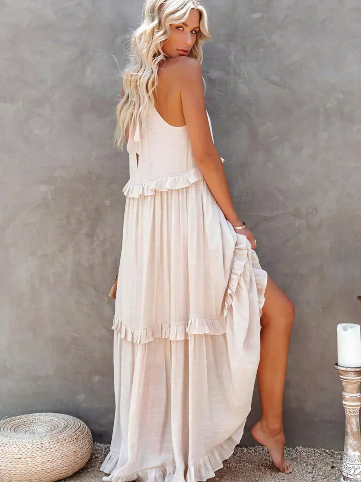 Emilia™ - Elegant Maxi Dress con Scollo a Halter e Dettagli a Volant per uno Stile Unico