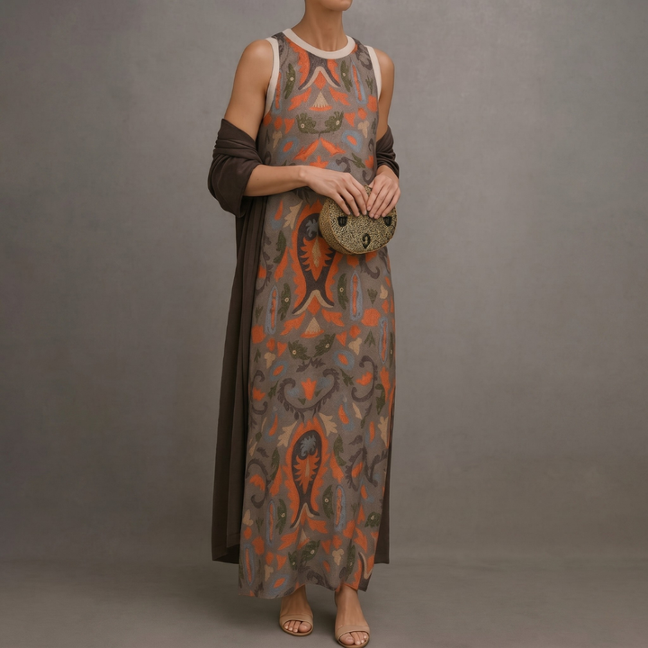 Daniela | Abito lungo stampato con gilet coordinato