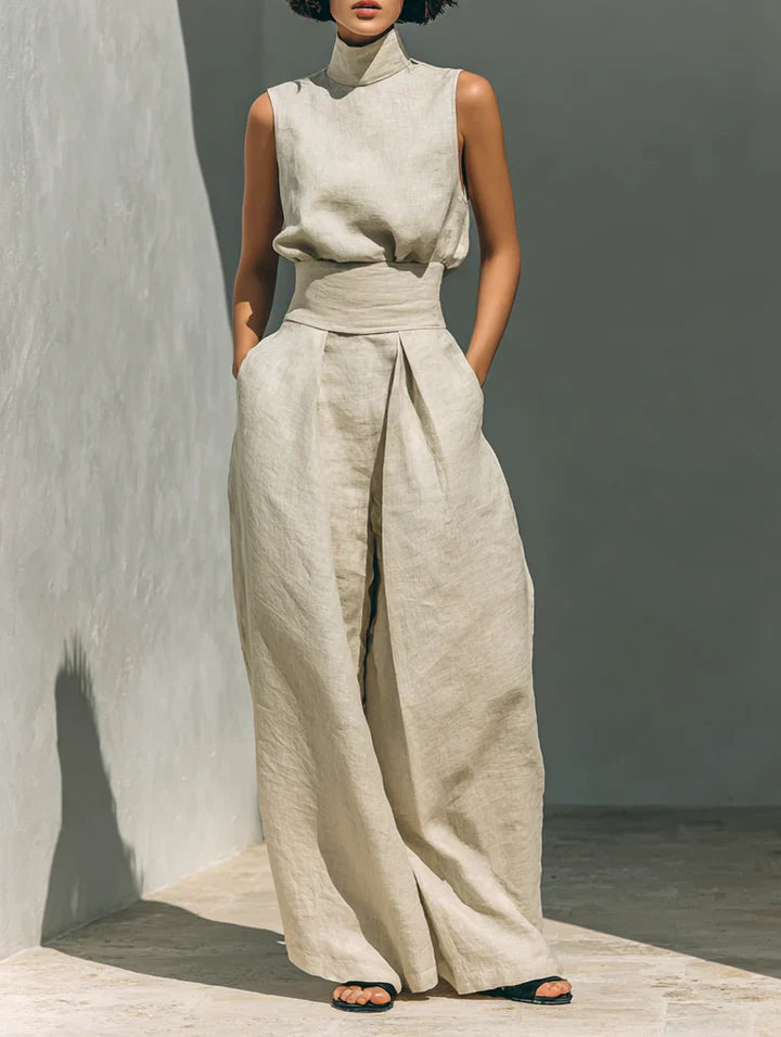 Flor™ | Completo minimalista di canotta e pantaloni a gamba larga in cotone e lino per donna