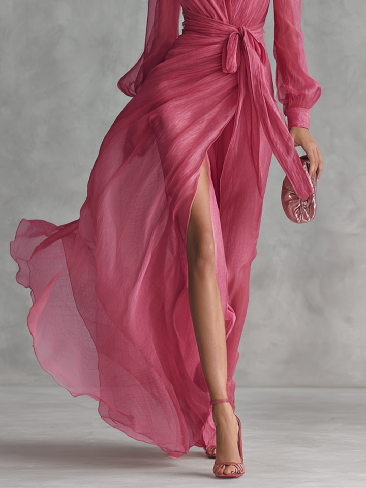 Abito lungo da donna elegante in chiffon rosa perla con scollo a V e cintura in vita