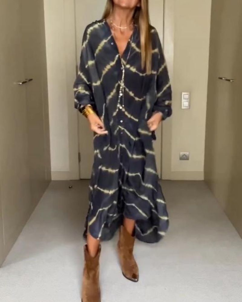 BOMEA - Elegante Abito Lungo Bohemien a Righe con Maniche Lunghe per uno Stile Unico