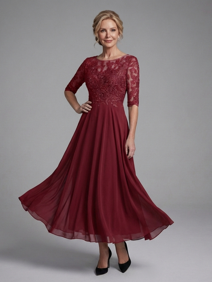 Olivina | Vestito Midi con Corpo in Pizzo e Maniche Trasparenti