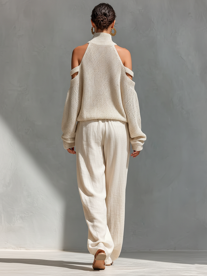 Completo Top Collo Alto con Spalle Scoperte in Maglia Beige per Donne & Pantaloni a Gamba Larga