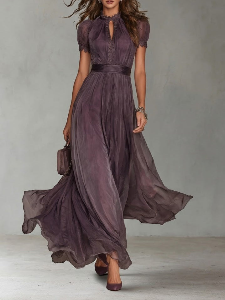 Flavia | Abito lungo viola con scollo a goccia e bordo in pizzo di chiffon