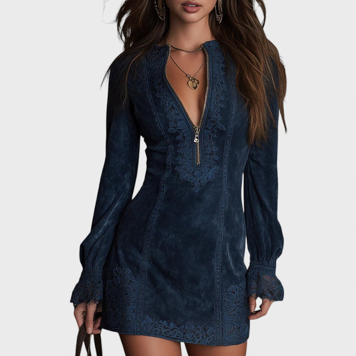 Rachel – Mini abito in camoscio blu con pizzo