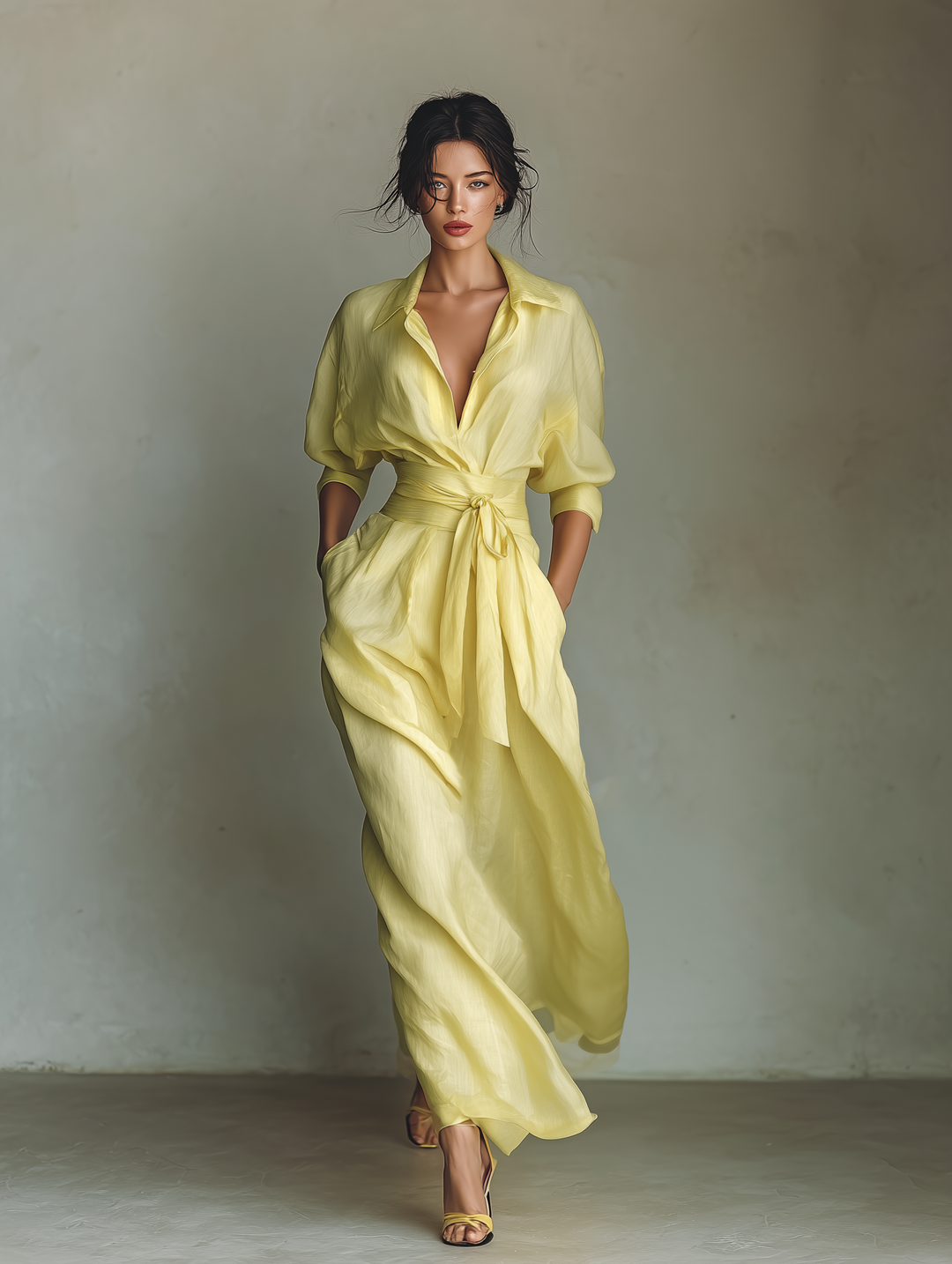Abito Camicia Maxi Donna Giallo Limone In Cotone E Lino Con Cintura Da Annodare & Maniche A Tre Quarti