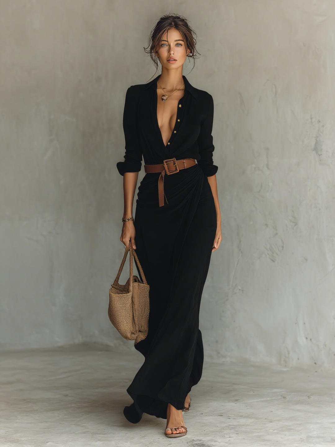 Abito Maxi Lungo con Collo a Revers e Maniche Lunghe per Donne