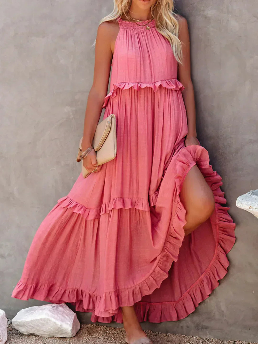 Emilia™ - Elegant Maxi Dress con Scollo a Halter e Dettagli a Volant per uno Stile Unico