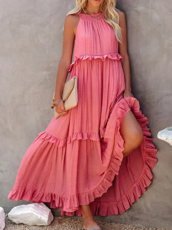 Emilia™ - Elegant Maxi Dress con Scollo a Halter e Dettagli a Volant per uno Stile Unico