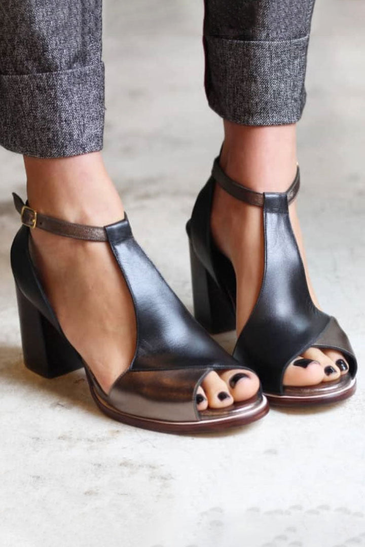 Anyao™ Eleganti Sandali con Tacco e Punta Aperta in Patchwork Nero – Perfetti per Ogni Occasione