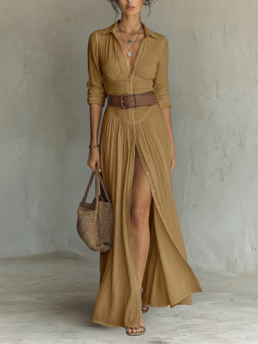 Abito Maxi Lungo con Collo a Revers e Maniche Lunghe in Lino per Donna
