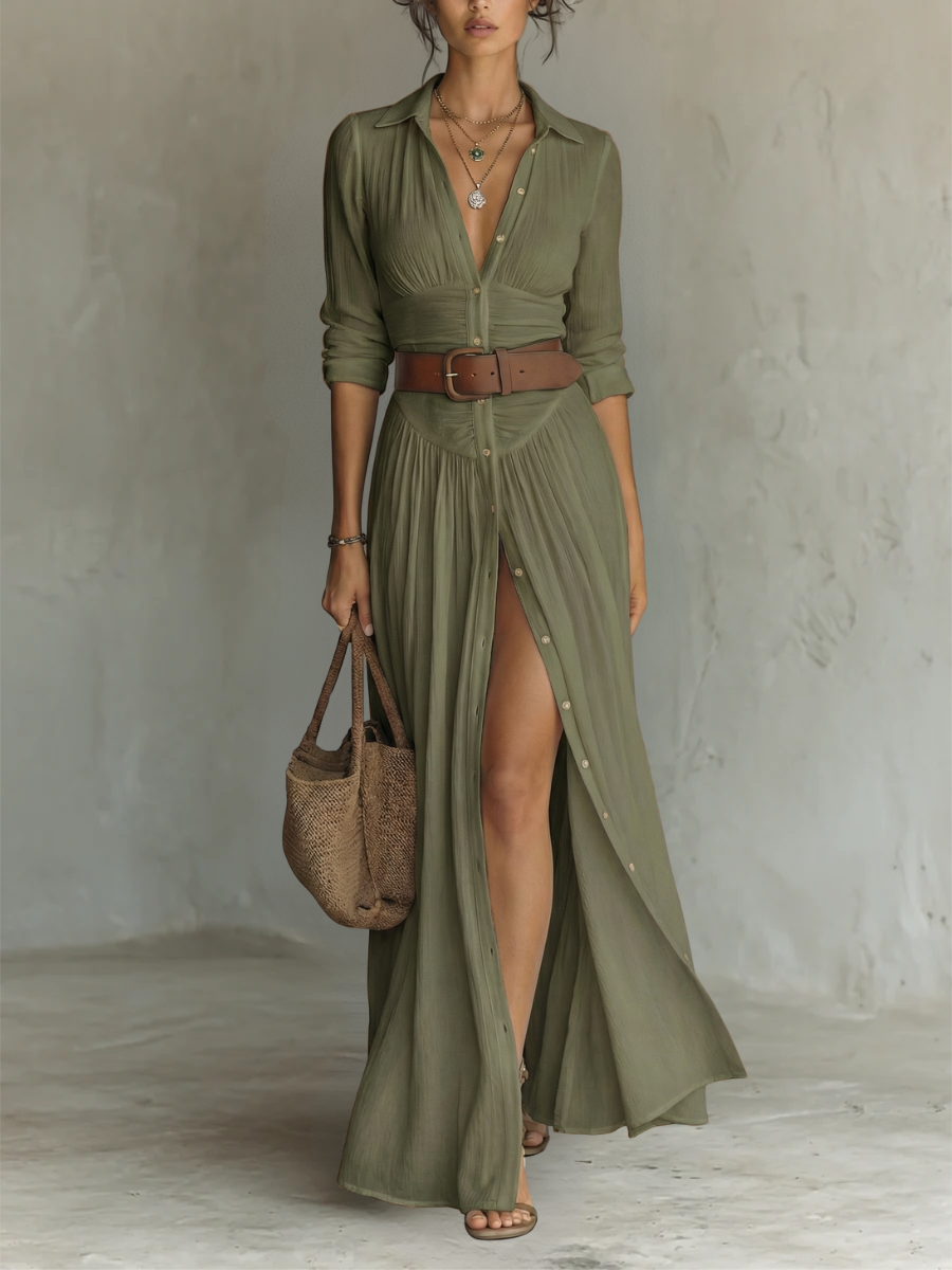 Abito Maxi Lungo con Collo a Revers e Maniche Lunghe in Lino per Donna