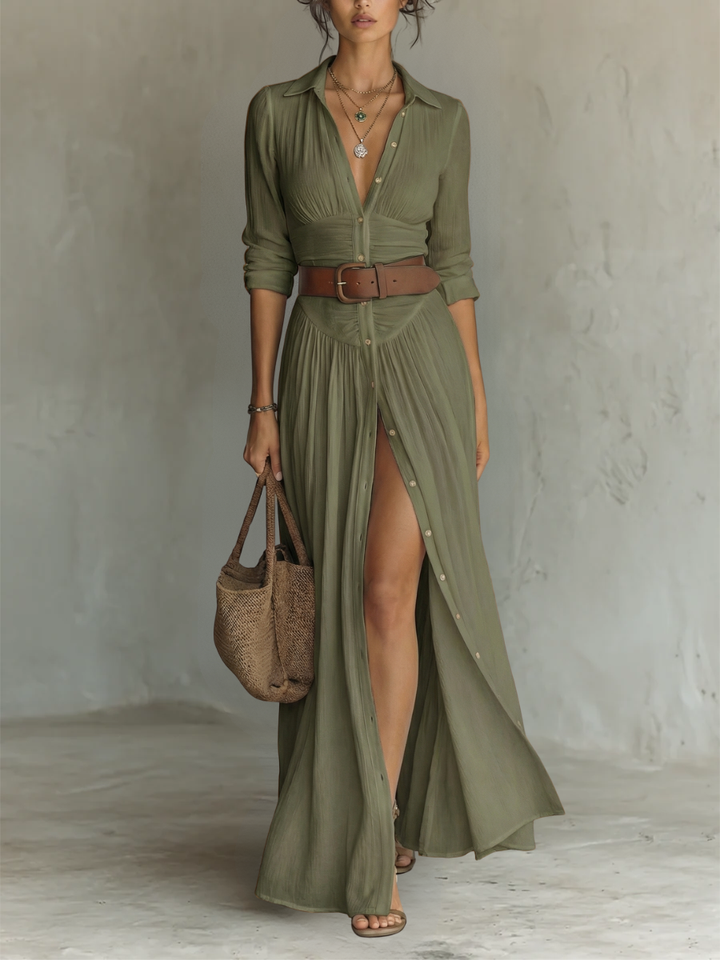 Abito Maxi con Collo Revers e Maniche Lunghe