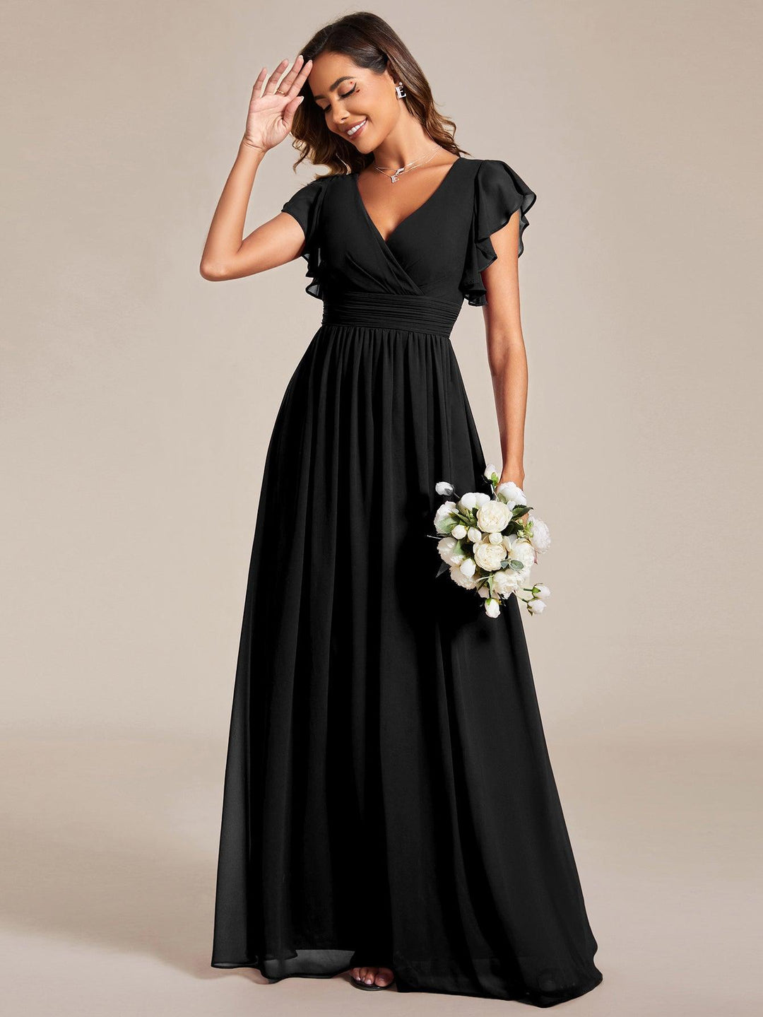 ever LILYANA|Abito da damigella in chiffon con maniche plissettate e scollatura sul retro