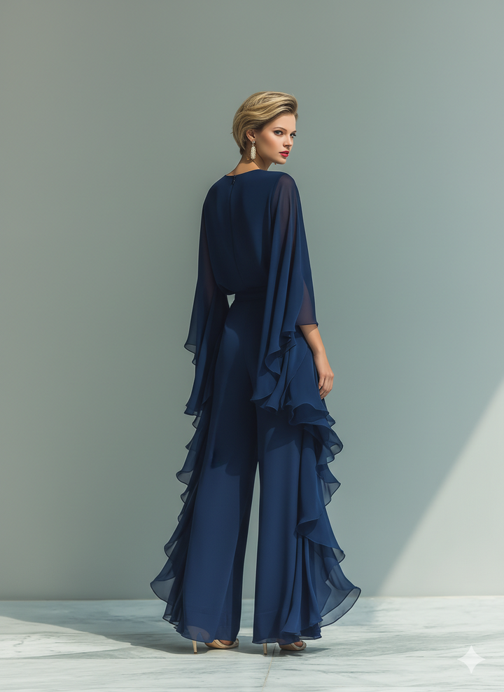 Completo Donna Top Chiffon Blu Marino Con Maniche A Campana E Pantaloni Dritti Con Dettagli Volant