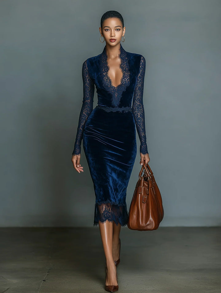 Abito Midi Slim-fit V-neck in Velluto Blu Scuro Elegante e Alla Moda per Donna con Pizzo Scollo e Maniche
