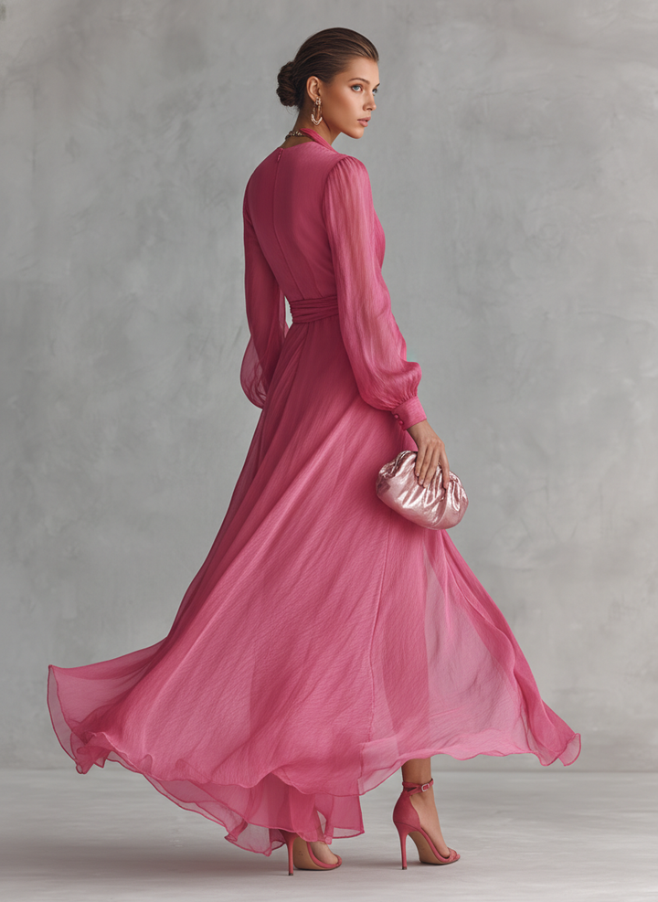 Robe Longue Élégante Femme en Chiffon Rosa Poudré con Perle, Décolleté a V e Vita Legata