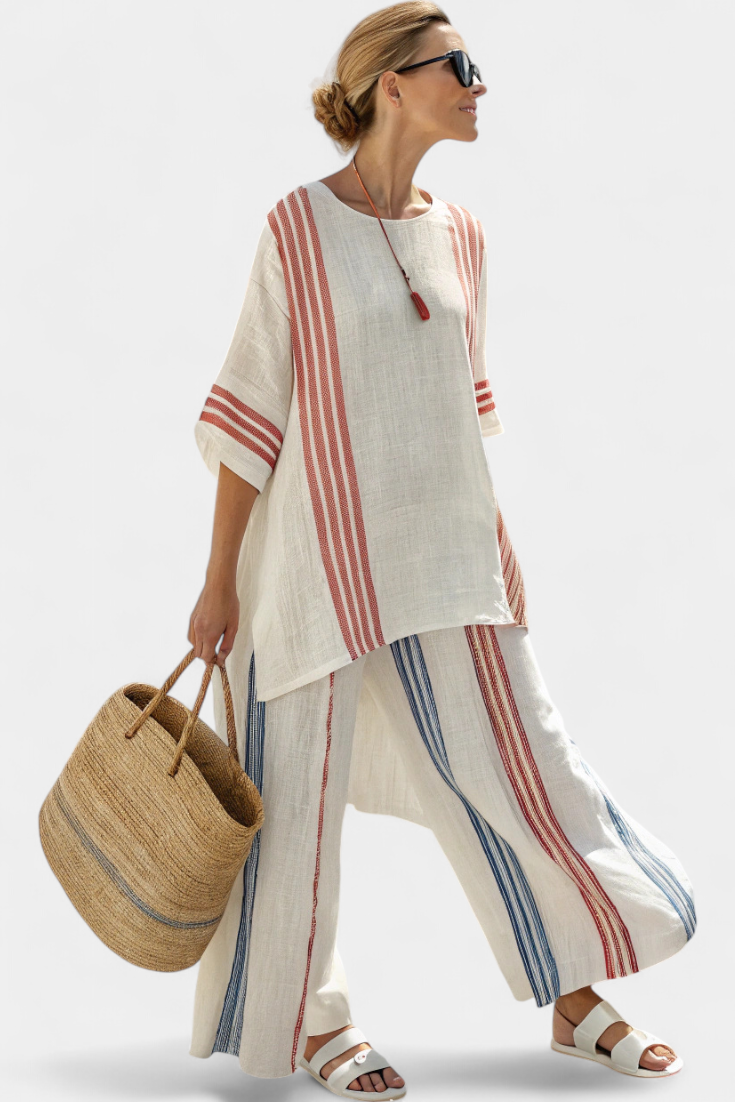 Elegante Set Mediterraneo in Lino e Bambù con Strisce Multicolore per uno Stile Estivo