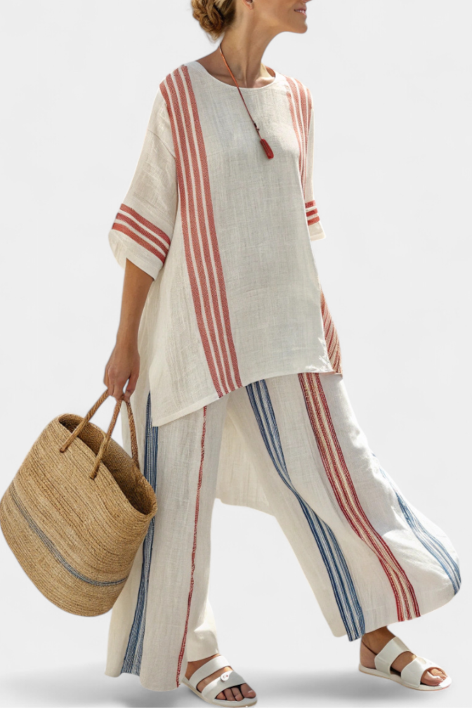 Elegante Set Mediterraneo in Lino e Bambù con Strisce Multicolore per uno Stile Estivo