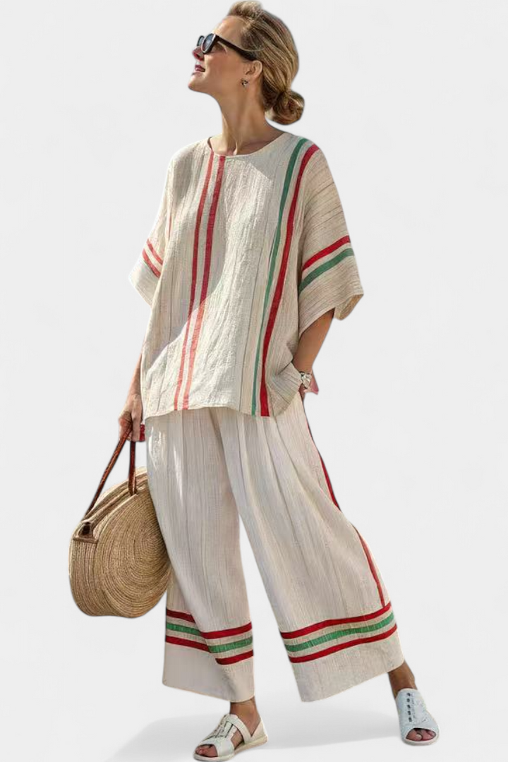 Completo Mediterraneo Daisy in lino di bambù con eleganti righe rosse e verdi