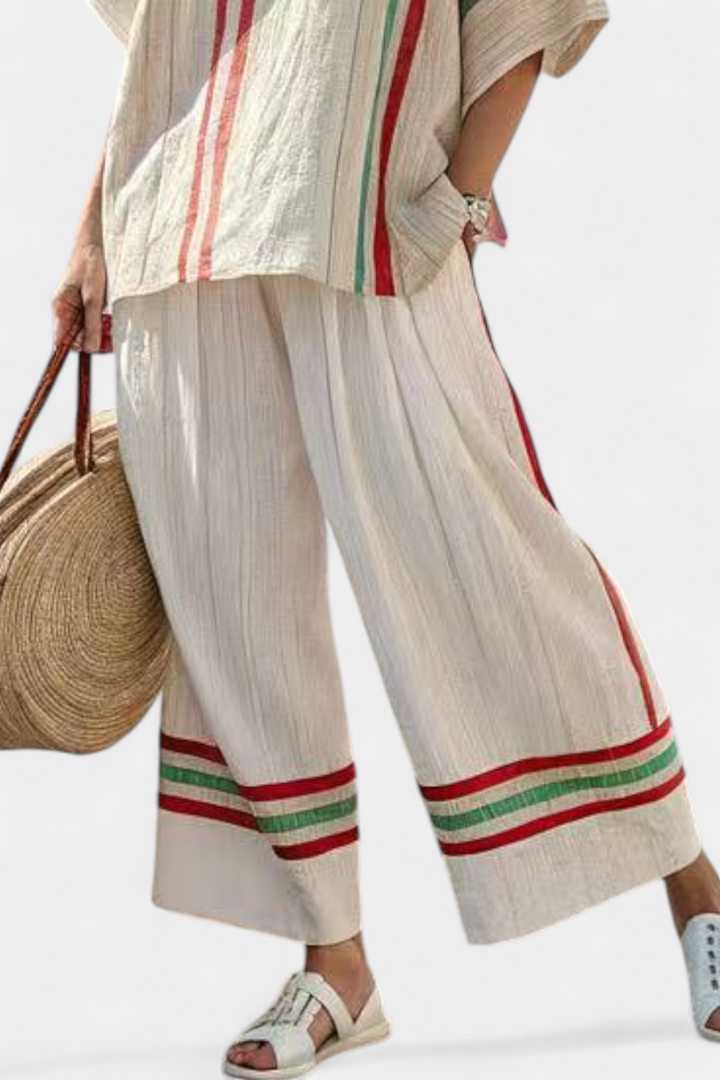 Completo Mediterraneo Daisy in lino di bambù con eleganti righe rosse e verdi