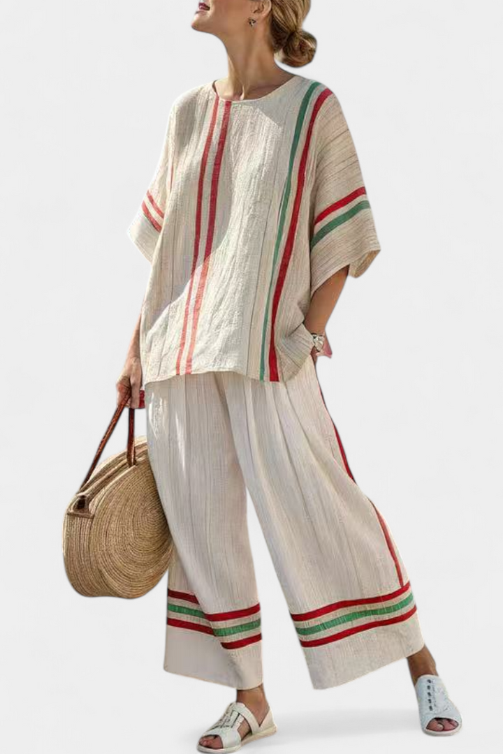 Completo Mediterraneo Daisy in lino di bambù con eleganti righe rosse e verdi