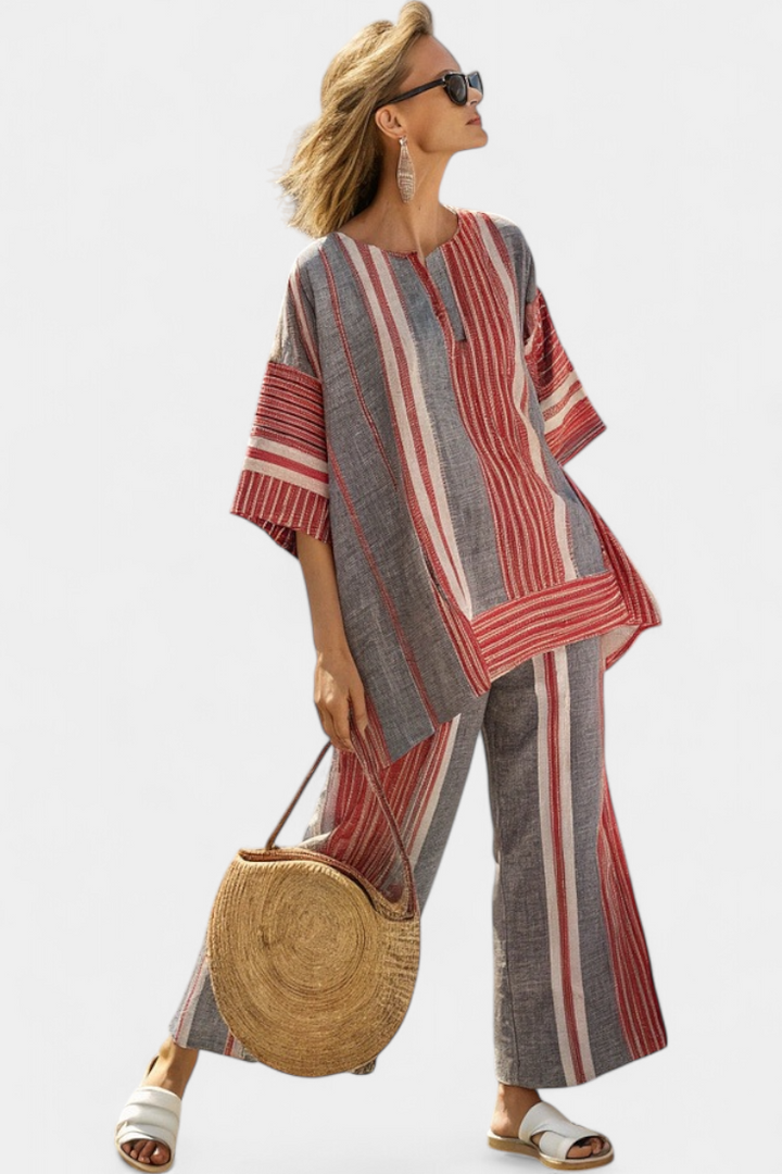 Completo Oversize Daisy in Lino con Faldea a Righe Rosse Corallo e Grigie, Stile Moderno e Confortevole