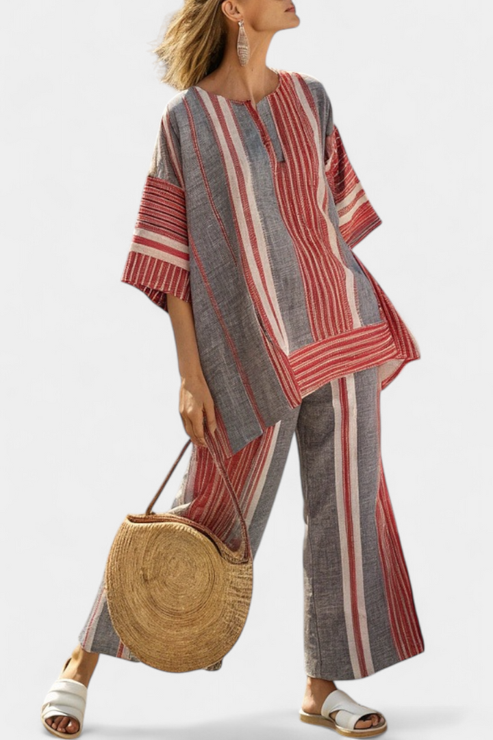 Completo Oversize Daisy in Lino con Faldea a Righe Rosse Corallo e Grigie, Stile Moderno e Confortevole