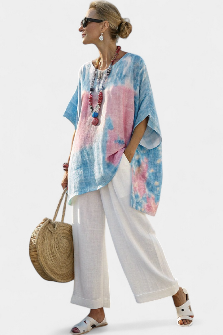 Completo Casual Daisy con Blusa Lenta e Pantaloni a Righe in Lino di Bambù per uno Stile Comodo ed Elegante