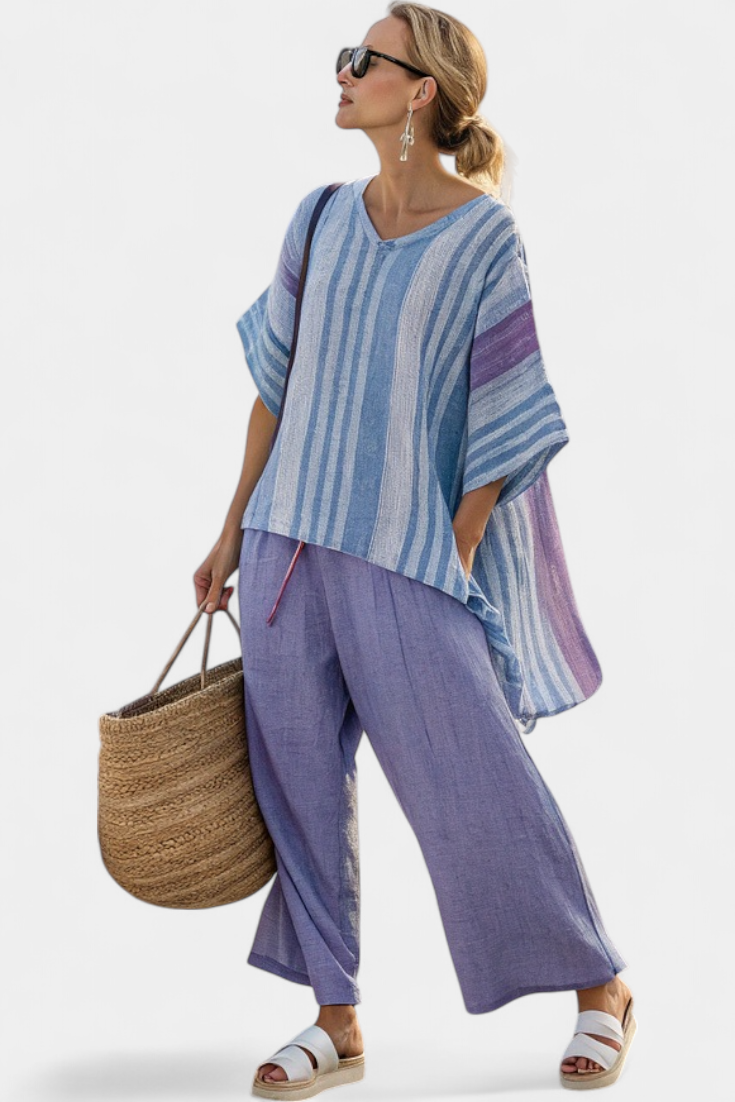 Carlotta – top elegante lavanda e azzurro cielo e pantaloni in lino