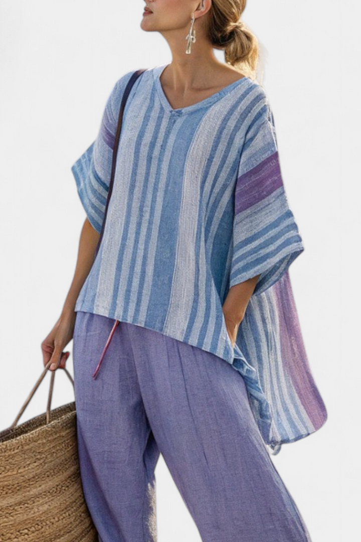 Elegante Set in Lino Daisy in Lavanda e Blu Cielo a Righe