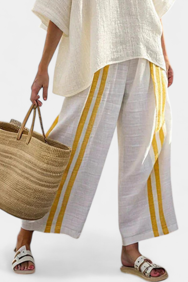 Elegante Set Mediterraneo in Lino di Bambù con Rayature Gialle per uno Stile Raffinato