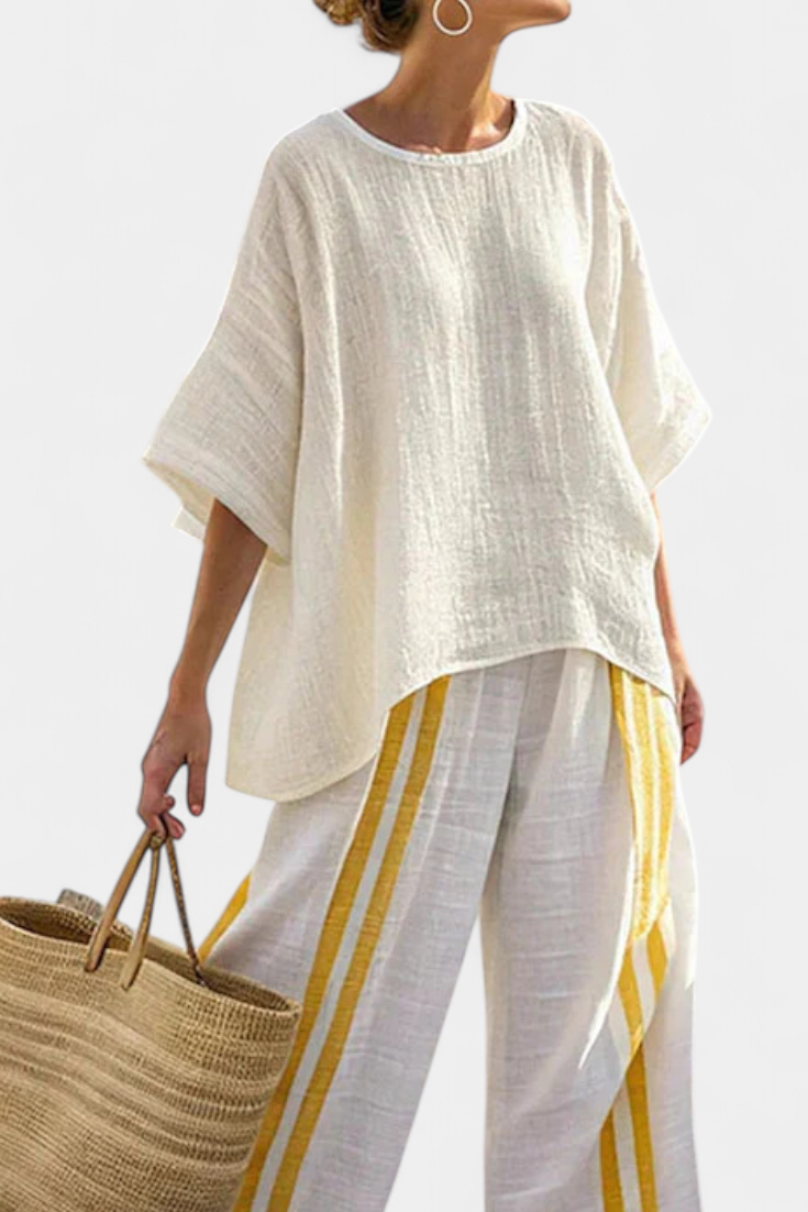 Elegante Set Mediterraneo in Lino di Bambù con Rayature Gialle per uno Stile Raffinato