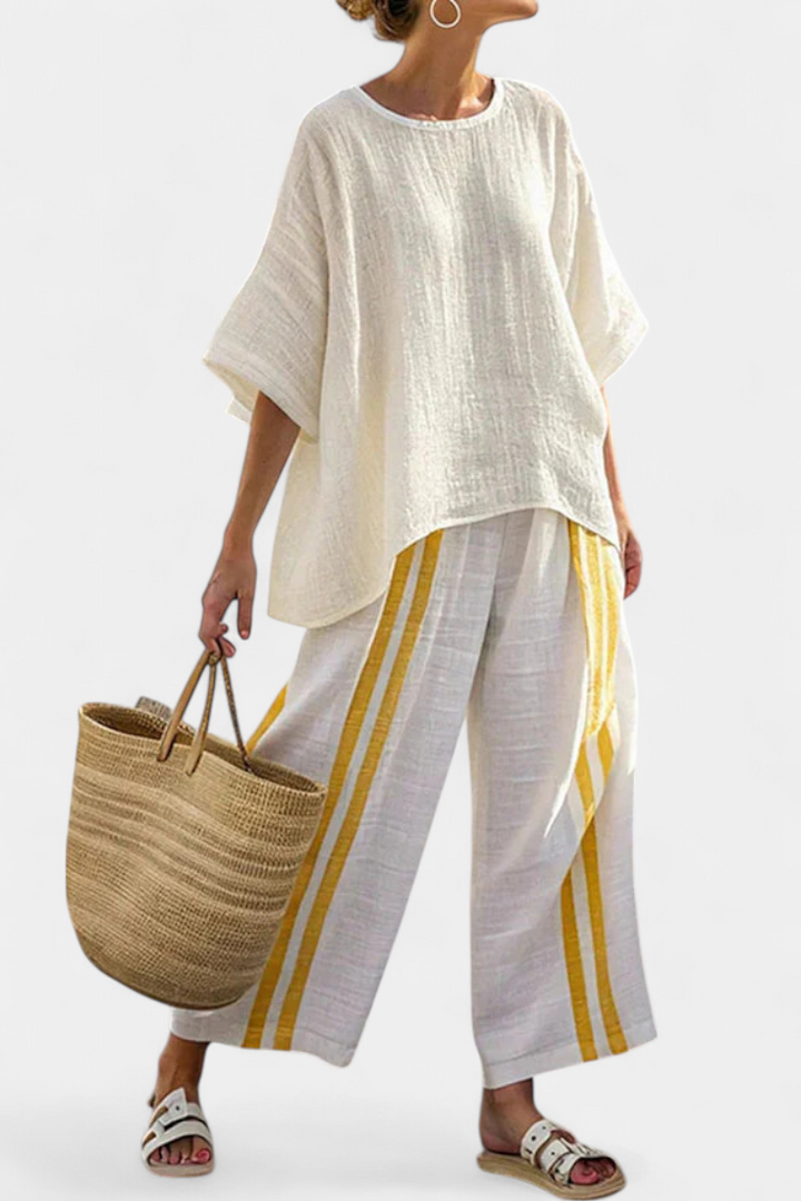 Elegante Set Mediterraneo in Lino di Bambù con Rayature Gialle per uno Stile Raffinato