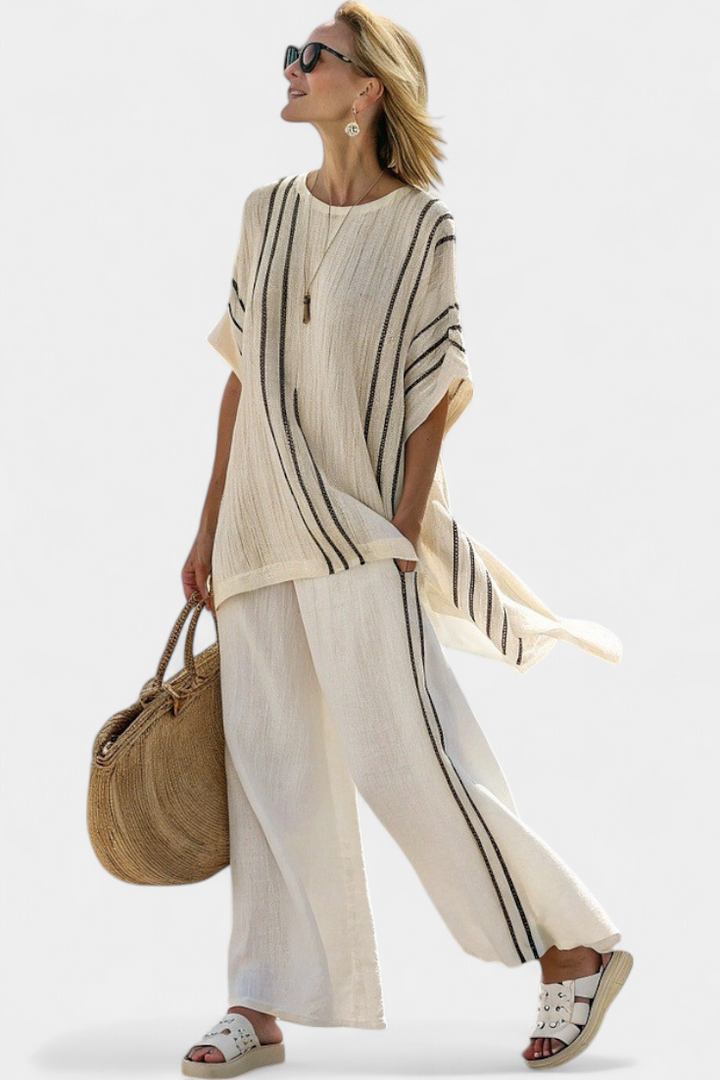 Raffaella – blusa in lino avorio elegante e pantaloni a righe nere