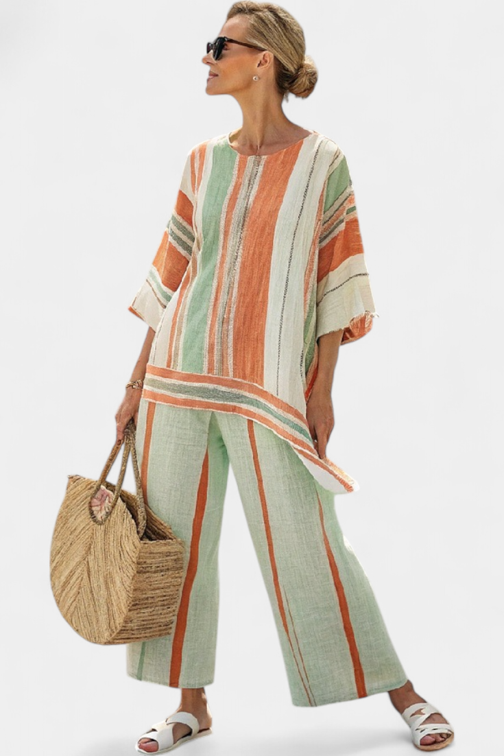 Elegante Set in Lino di Bambù a Righe con Camicetta Asimmetrica e Pantaloni Larghi per uno Stile Raffinato