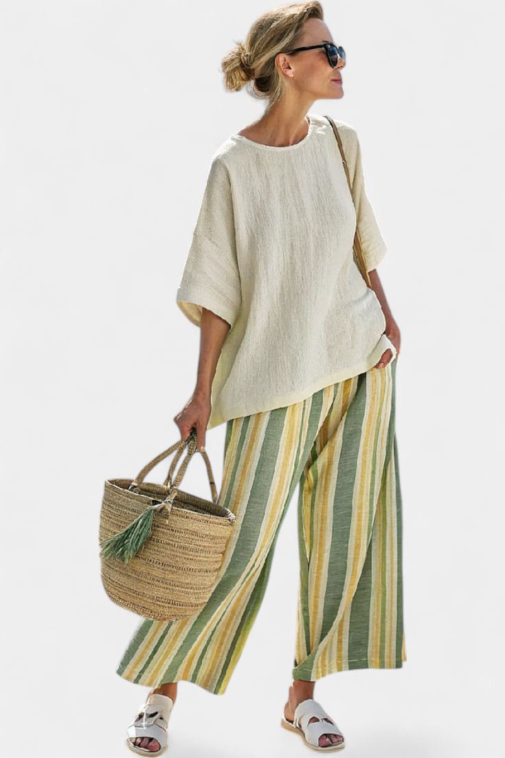 Caterina – top sofisticato e pantaloni in lino a righe