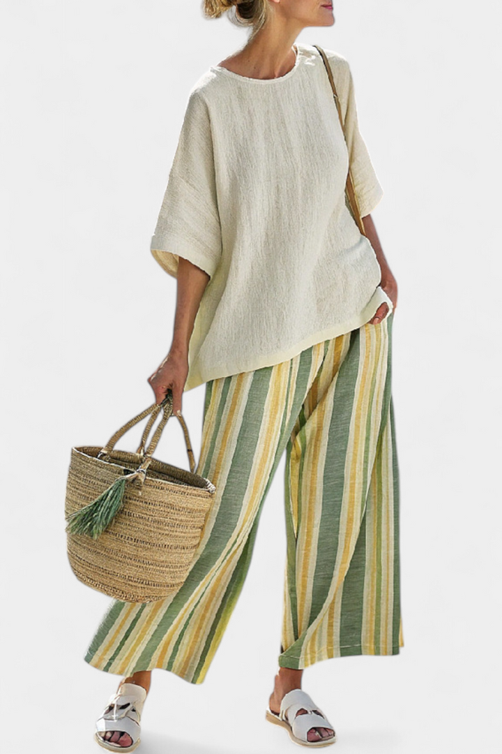 Caterina – top sofisticato e pantaloni in lino a righe