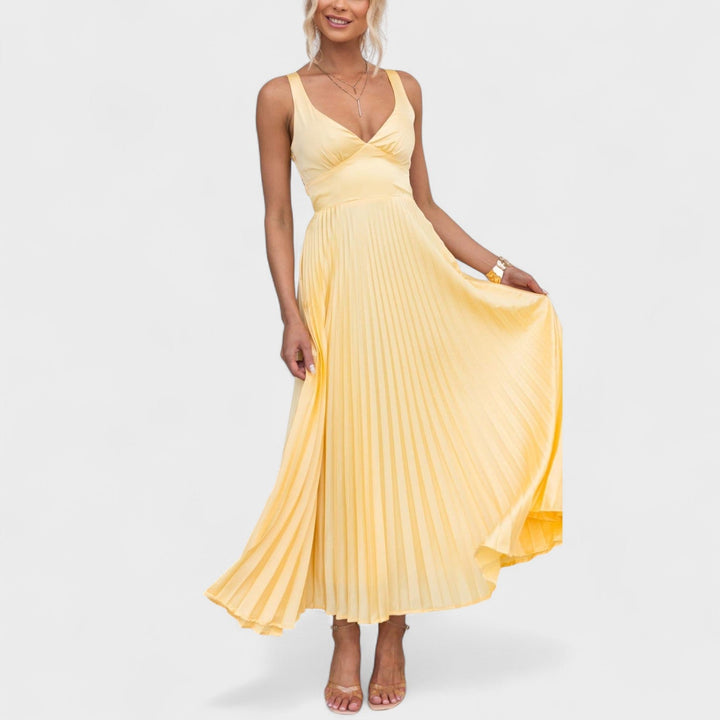 Aby - Vesta Maxi Gialla Plissettata con Scollatura a V