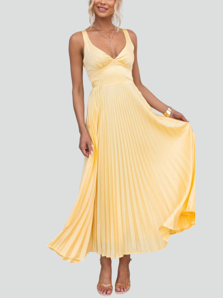 Aby - Abito maxi plissettato giallo con scollatura a V