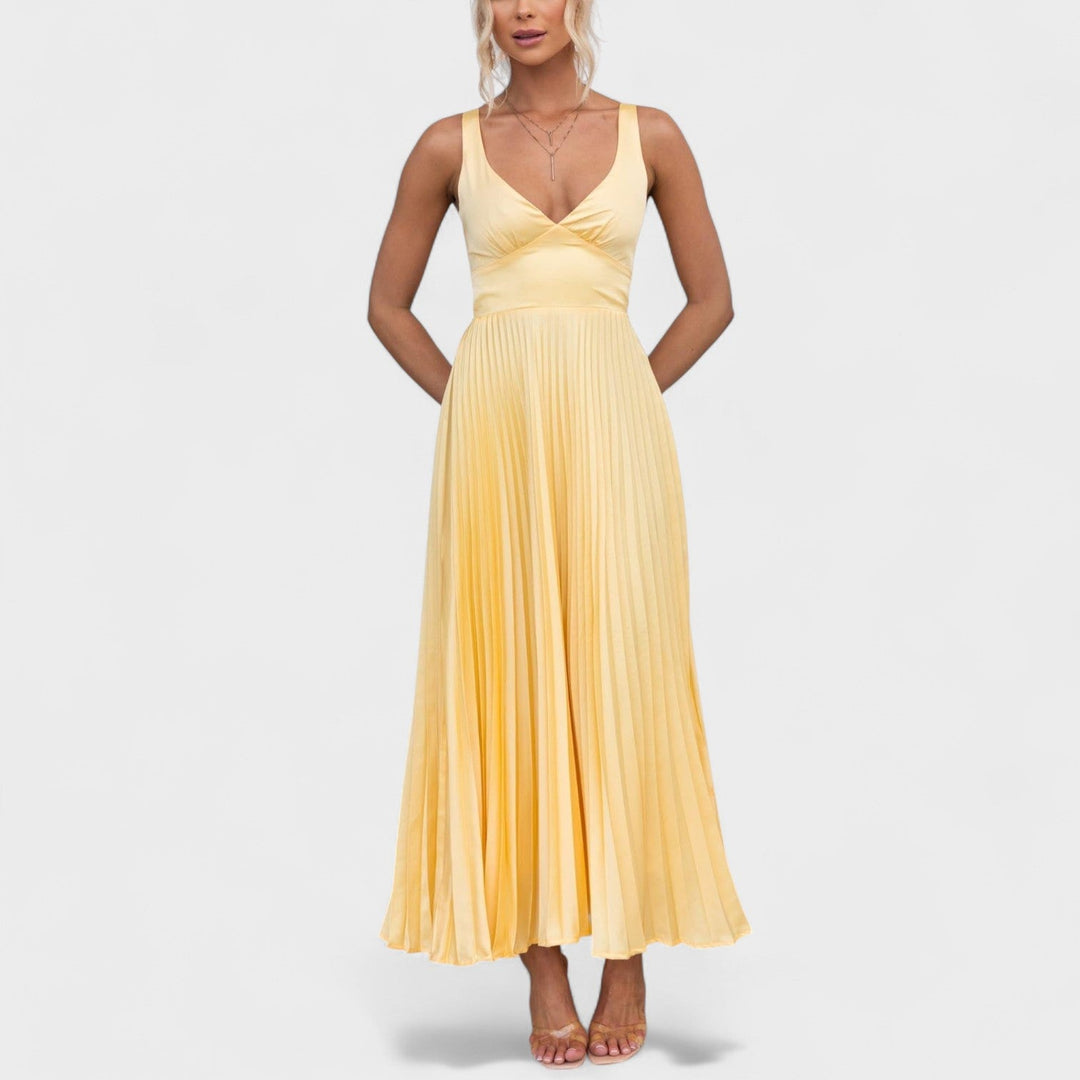 Aby - Vesta Maxi Gialla Plissettata con Scollatura a V