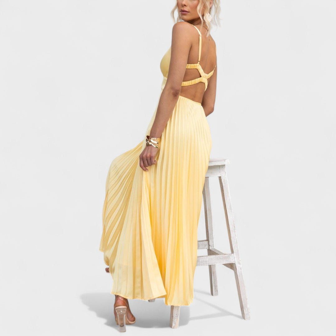 Aby - Vesta Maxi Gialla Plissettata con Scollatura a V