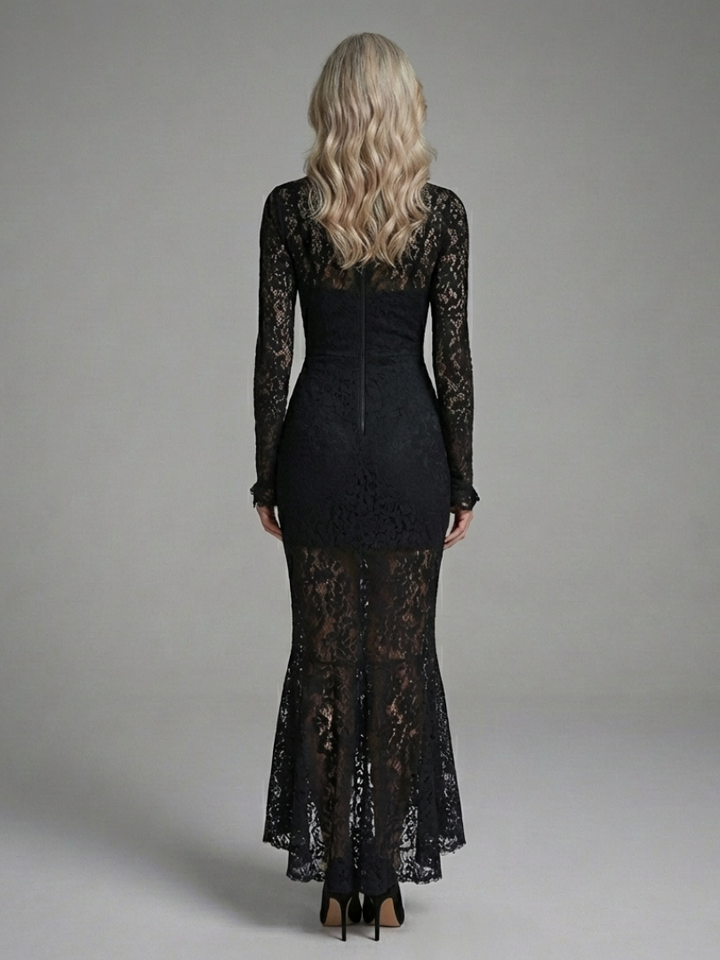 Margaret | Vestito midi in pizzo con collo alto e maniche lunghe