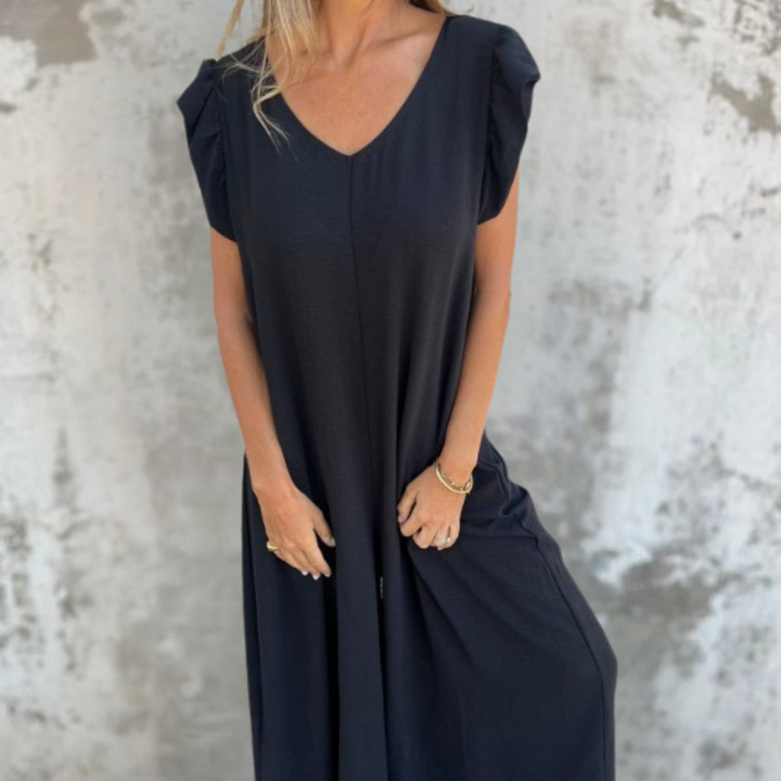 Abito Maxi con Scollo a V e Stampa Leopardata con Tasca Frontale