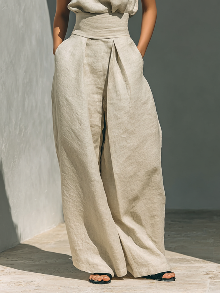 Aurora | Set composto da top senza maniche beige in misto cotone-lino finto e pantaloni a gamba larga